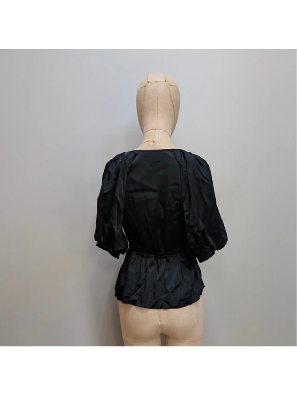 Madewell Shirred Puff-Sleeve Satin Black Top - Small